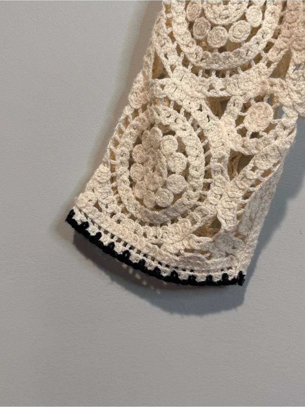 Zara Cream Crochet Lace Long Sleeve Crop Top Black Trim Boho Festival Sheer M